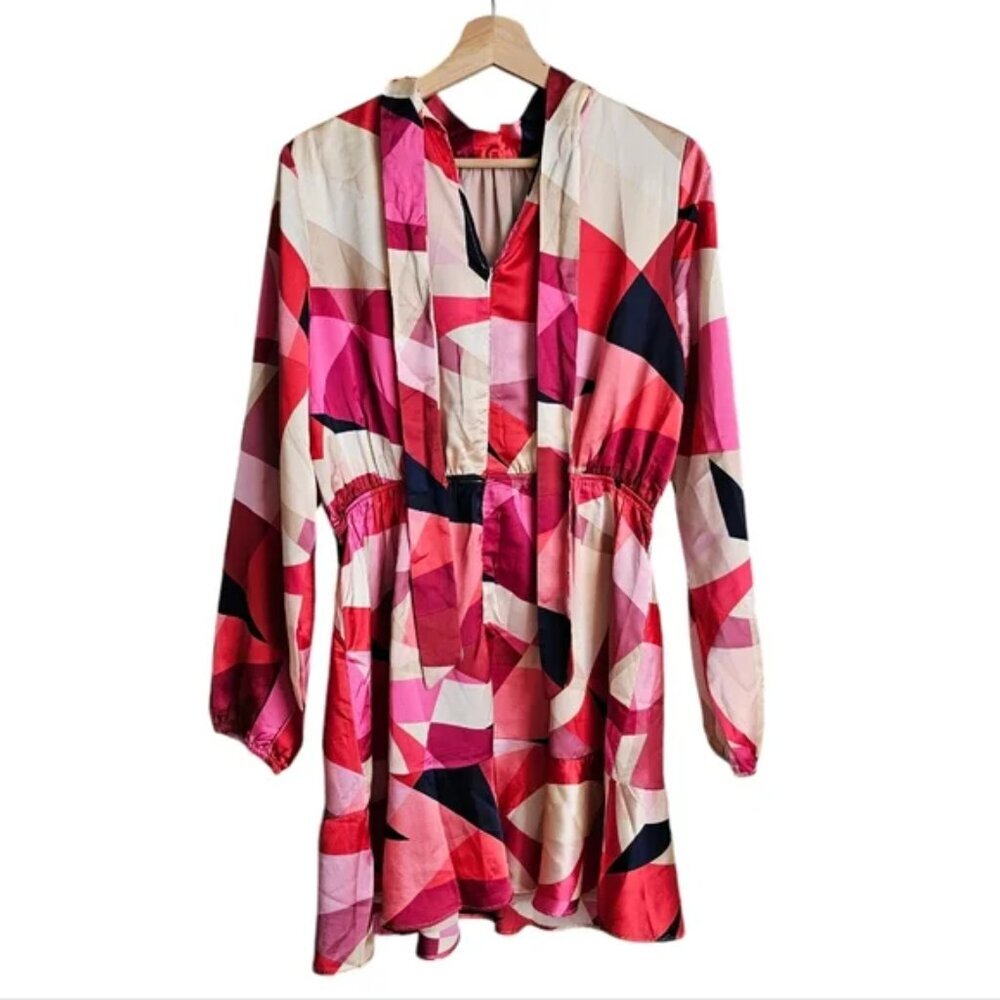 FATE Long Sleeve Pink Multicolor Puzzle Me Satin Mini Dress Size Medium (326) - Picture 3 of 6